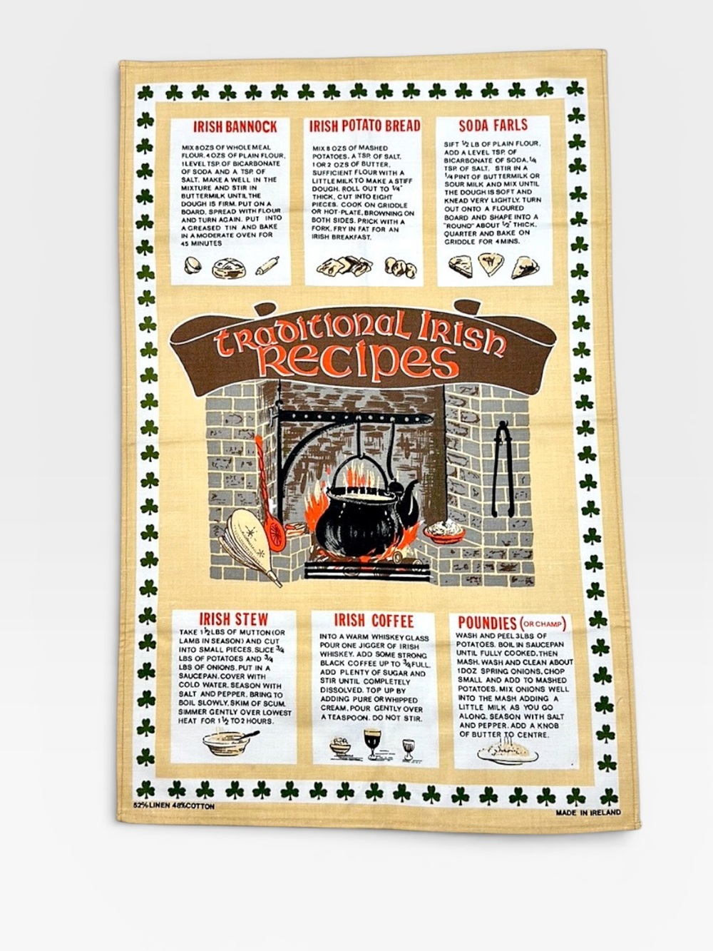Vintage Pure Irish Cotton Linen Kitchen Tea Towel Traditional Irish Recipes